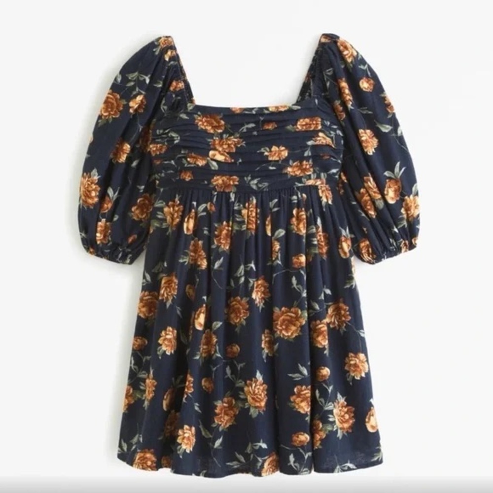 Abercrombie & Fitch Blue Floral Emerson Linen Puff Sleeve Mini Dress Size XL - Picture 3 of 9
